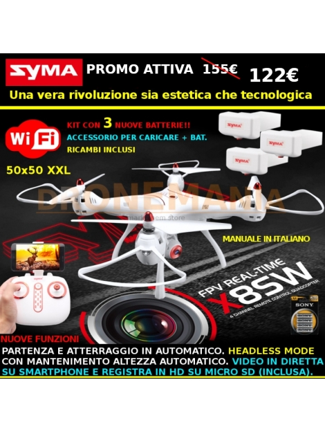 Drone Syma X8SW guida semplice video in diretta su smarphone auto decollo auto atterraggio blocco altezza