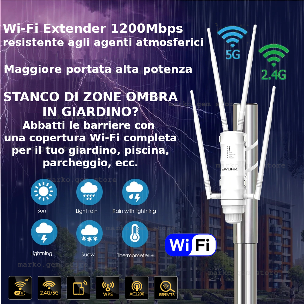 RIPETITORE WIFI 1200MBPS 2.4GHZ 4 ANTENNE EXTENDER WIFI WPS CAVO ETHERNET  WLAN