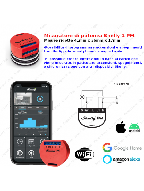 Interruttore WiFI professionale SHELLY 1 Alimentatore DOMOTICA Per iOS Android