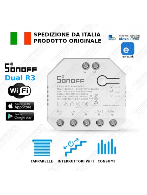 Sonoff DUAL R3 DOMOTICA WiFi tapparelle tende Consumi da smartphone Alexa GOOGLE