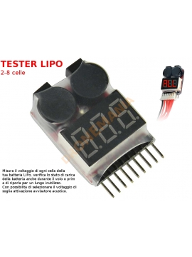 Tester con cicalino batteria 2-8S LiPo avvisatore acustico batteria scarica soglia scarica lettura singole celle
