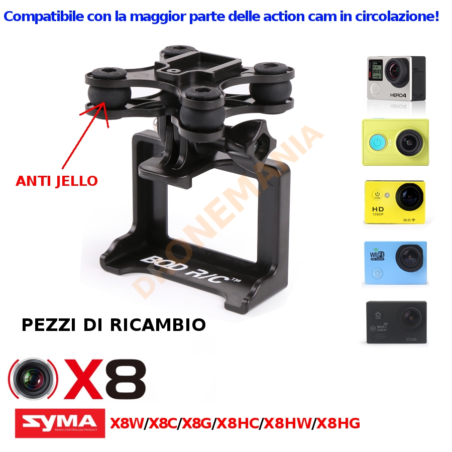 Supporto action camera GoPro Xiaomi Sjcam drone Syma X8 X8W X8HW X8HG  gimble no jello