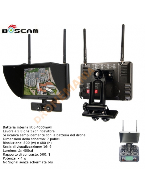 Monitor FPV 7" con ricevente e batteria ricaricabile per drone con trasmissione video su 5,8 GHz