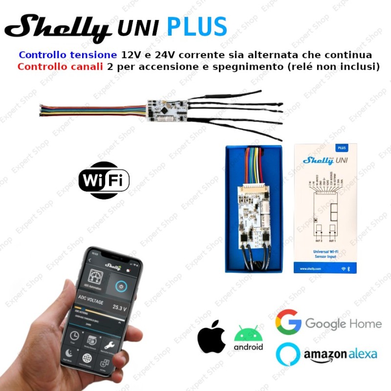 Shelly UNI plus 2 canali domotica WiFi energie rinnovabili lettore voltaggio batteria bluetooth